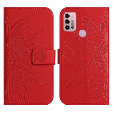 Peněženkové kožené pouzdro Sunflower Embossed na Moto G10/G20/G30 - Červená