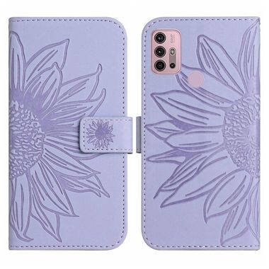 Peněženkové kožené pouzdro Sunflower Embossed na Moto G10/G20/G30 - Fialová