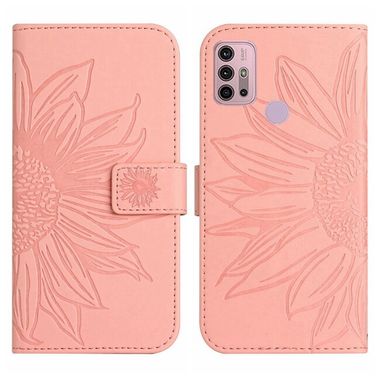 Peněženkové kožené pouzdro Sunflower Embossed na Moto G10/G20/G30 - Růžová