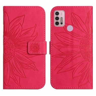 Peněženkové kožené pouzdro Sunflower Embossed na Moto G10/G20/G30 - Růžovo červená