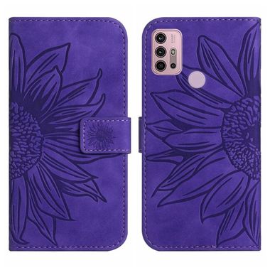 Peněženkové kožené pouzdro Sunflower Embossed pro Moto G10/G20/G30 - Tmavě fialová