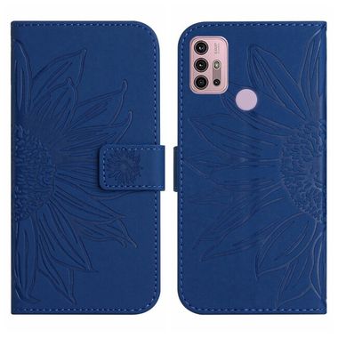 Peněženkové kožené pouzdro Sunflower Embossed na Moto G10/G20/G30 - Tmavě modrá