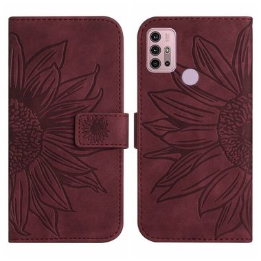 Peněženkové kožené pouzdro Sunflower Embossed na Moto G10/G20/G30 - Vínová červená