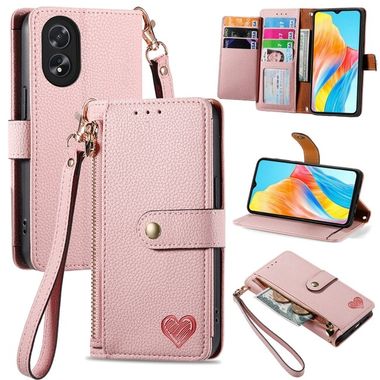 Peněženkové kožené pouzdro Zipper Lanyard na Oppo A38 - Růžová