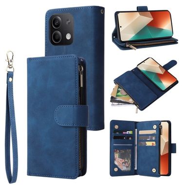 Peněženkové kožené pouzdro Frosted Zipper na Xiaomi Redmi Note 13 - Modrá